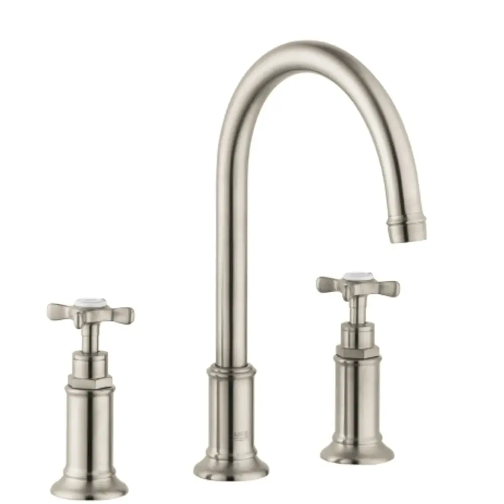 Waschtischarmatur mit gebogenem Auslauf und zwei Kreuzgriffen in gebürstetem Nickel, hergestellt von AXOR. Inklusive Zugstangen-Ablaufgarnitur.